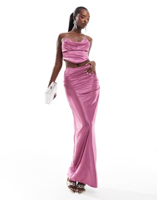 ASOS DESIGN ruched side satin twill maxi skirt in mauve (part of a set)