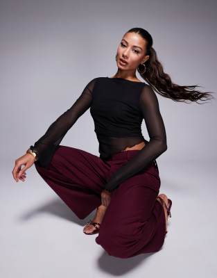 ASOS DESIGN ruched side slash neck mesh top in black | ASOS