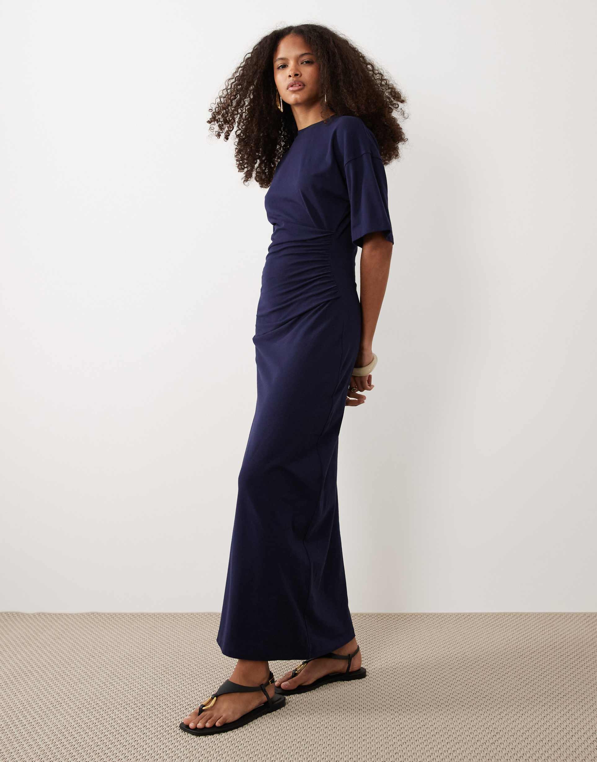 asos design ruched side t-shirt midaxi dress in navy