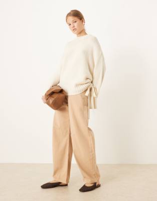 Asos Design Ruched Side Tie Sweater In Neutral