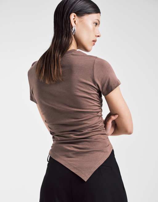 ASOS DESIGN ruched sides asymmetric t-shirt in chocolate, 3 of 4