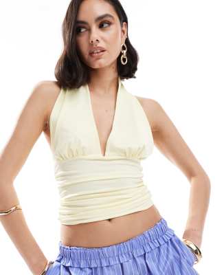 Asos Design Ruched Sides Halter Top In Buttermilk-yellow