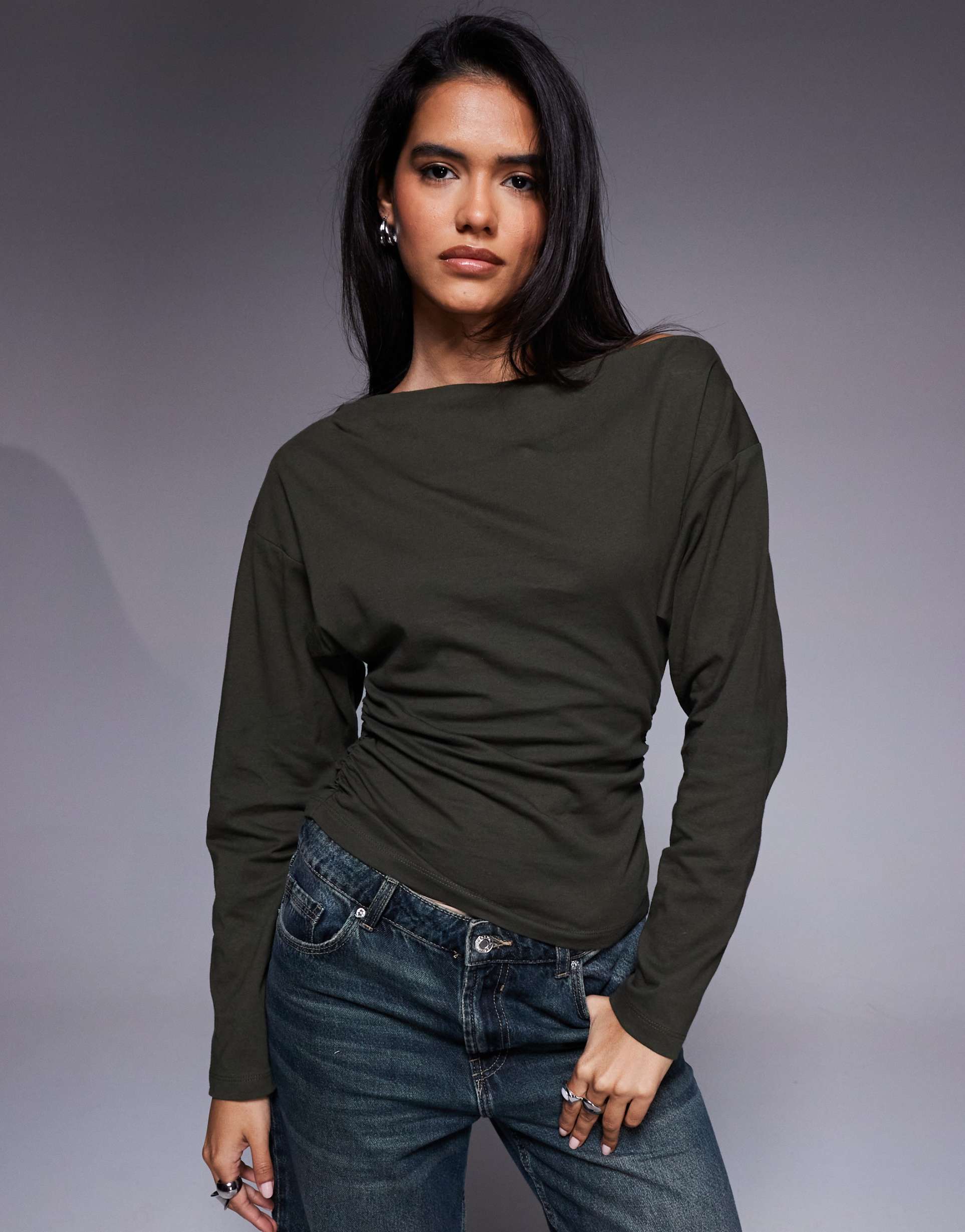 asos design ruched sides long sleeve tee in dark olive