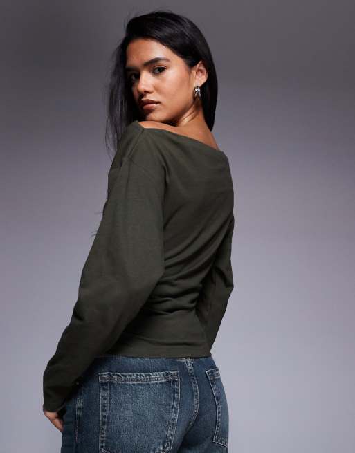 ASOS DESIGN ruched sides long sleeve tee in dark olive