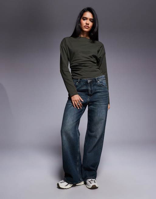 ASOS DESIGN ruched sides long sleeve tee in dark olive