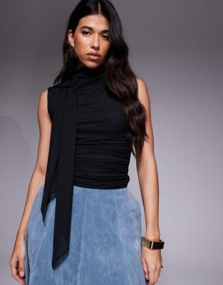 Asos Design Ruched Sides Mesh Scarf Top In Black
