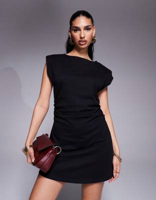 Asos Design Ruched Sides Shoulder Pads Tank Mini Dress In Black