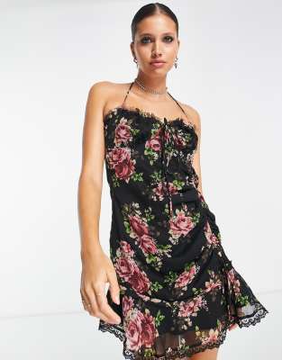 Asos Design Ruched Skirt Frill Hem Mini Slip Dress In Black Floral Print-multi