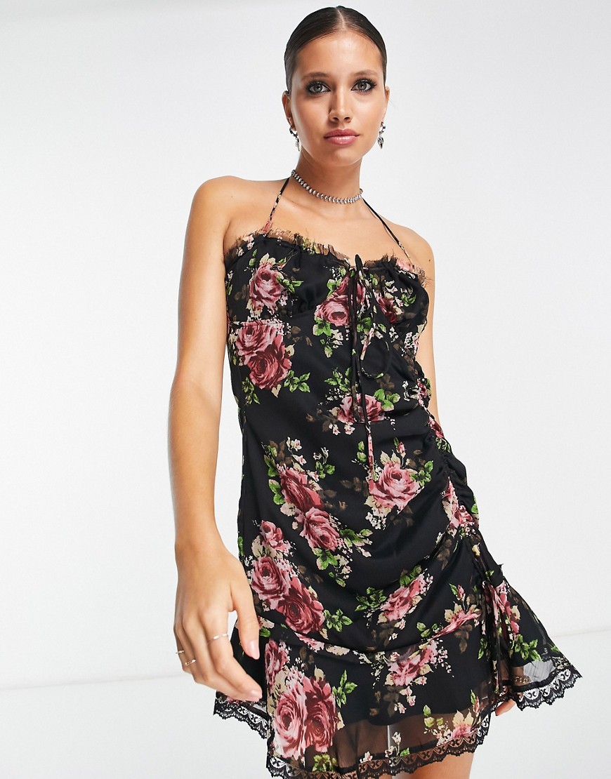 ASOS DESIGN ruched skirt frill hem mini slip dress in black floral print-Multi