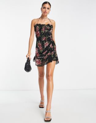 sleeveless black floral dress