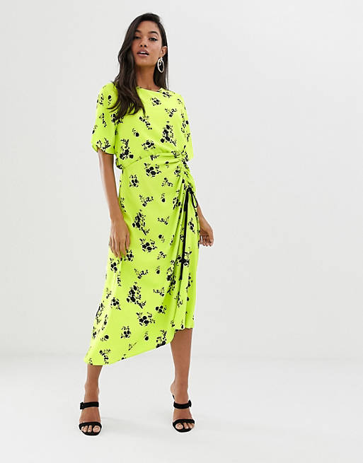 ASOS DESIGN ruched skirt midi dress in neon floral print | ASOS