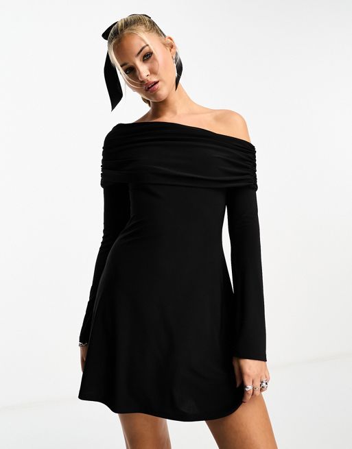FhyzicsShops DESIGN ruched slash neck cold shoulder mini dress in black