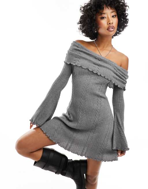 ASOS DESIGN ruched slash neck cold shoulder mini dress in gray cable knit