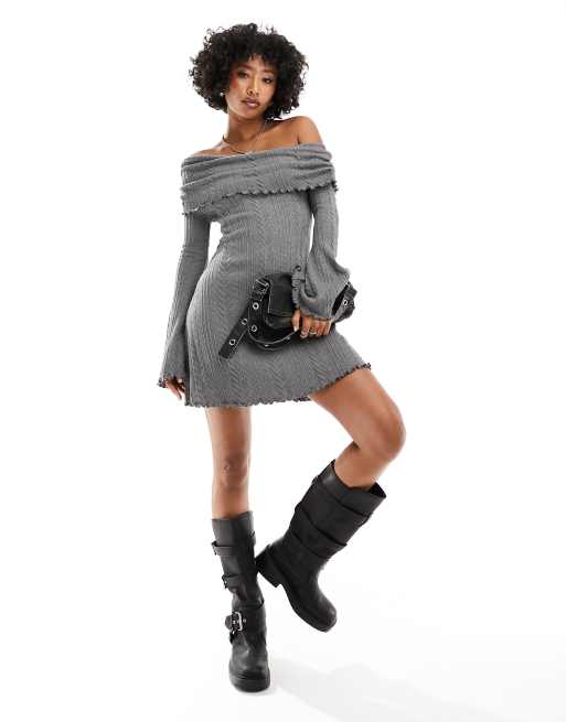 maaaRound Neck Fit Mini DressグレーS Long Sleeve Wrap Detail Ruched Side Mini Dress In Grey | EGO