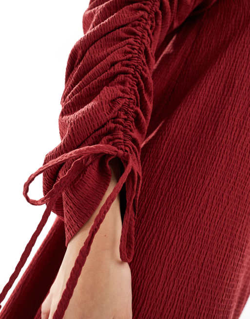 ASOS DESIGN ruched sleeve detail crinkle maxi dress in cherry red, 3 of 4