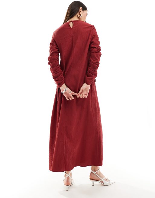 ASOS DESIGN ruched sleeve detail crinkle maxi dress in cherry red, 4 of 4