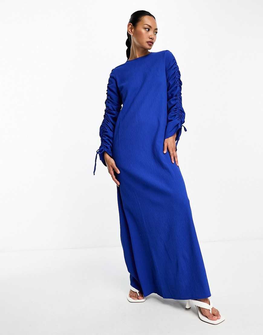 Asos Design Ruched Sleeve Detail Crinkle Maxi Dress In Cobalt Blue