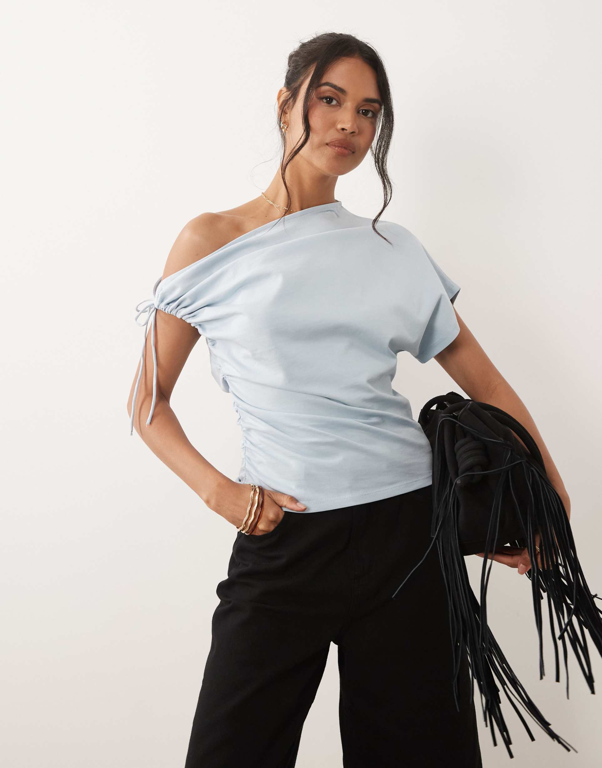 asos design ruched sleeve fallen shoulder waisted tee in baby blue