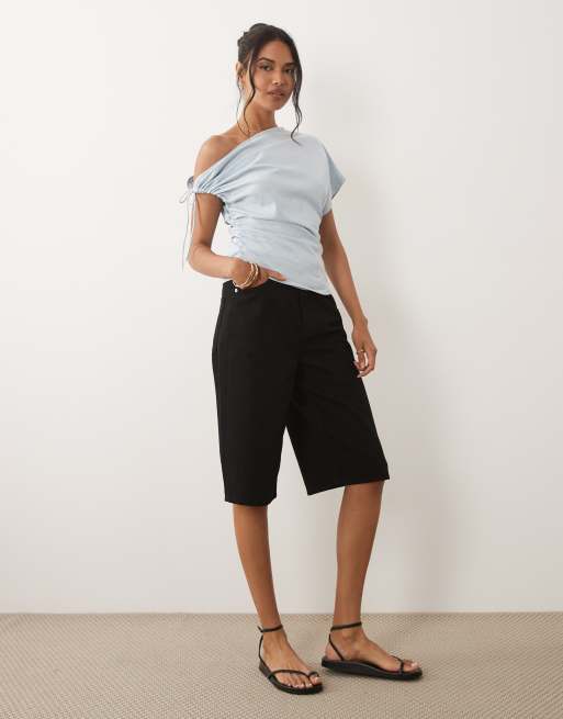 ASOS DESIGN ruched sleeve fallen shoulder waisted tee in baby blue, 2 of 4