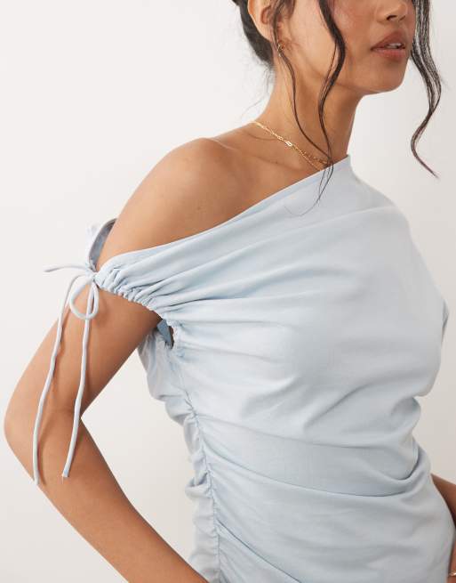 ASOS DESIGN ruched sleeve fallen shoulder waisted tee in baby blue, 4 of 4