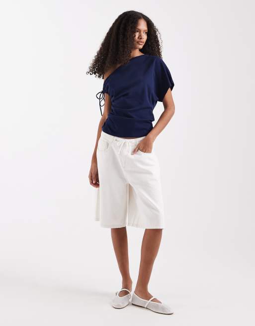 ASOS DESIGN ruched sleeve fallen shoulder waisted tee in navy, 3 of 4