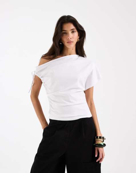 ASOS DESIGN ruched sleeve fallen shoulder waisted tee in white - view 1