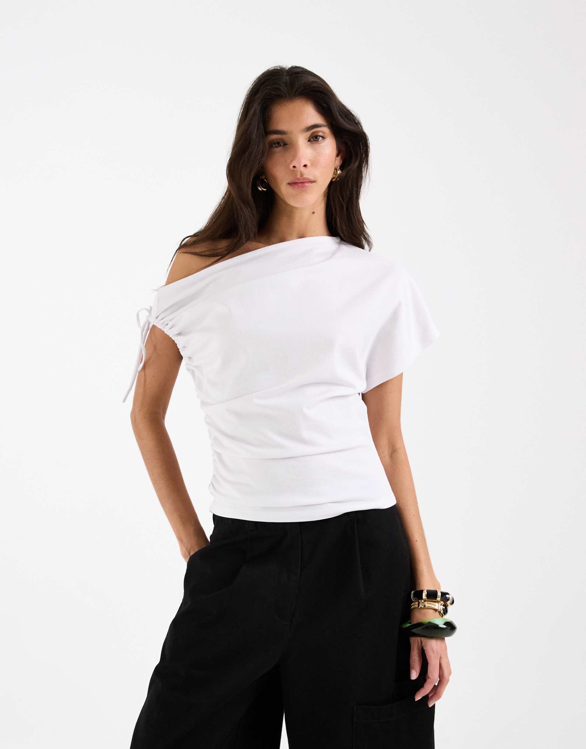 asos design ruched sleeve fallen shoulder waisted tee in white