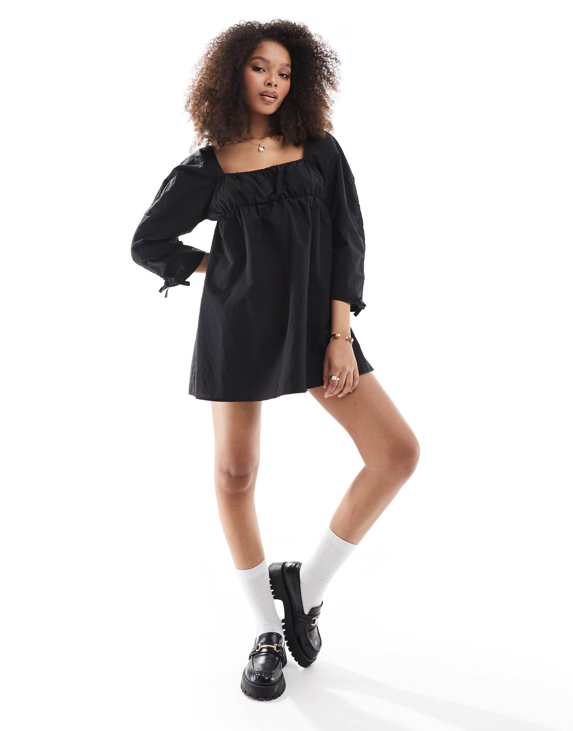 asos design ruched sleeve mini dress in black