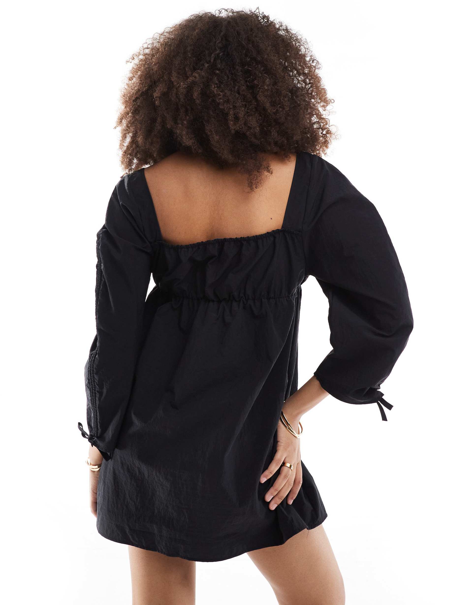 asos design ruched sleeve mini dress in black