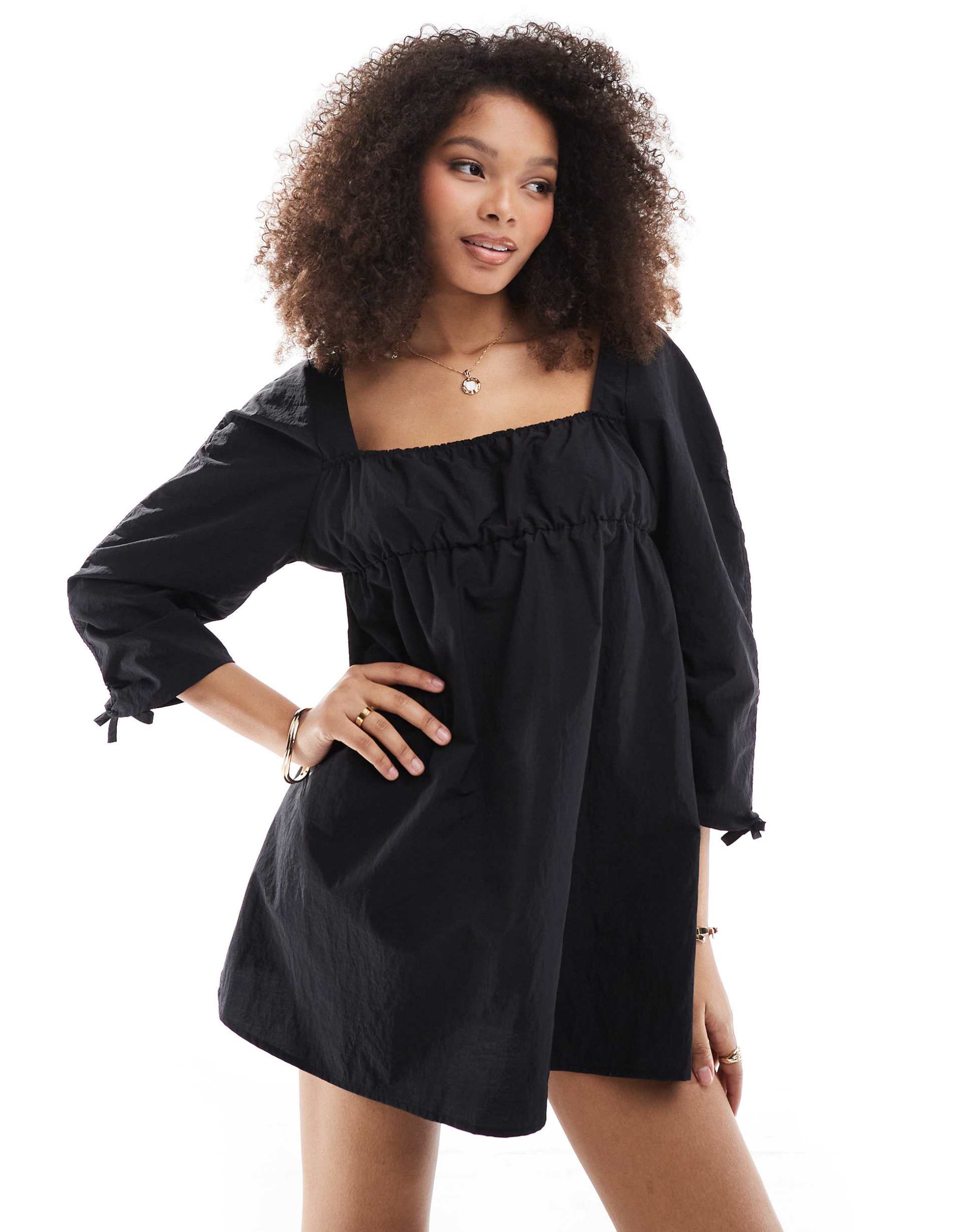 asos design ruched sleeve mini dress in black