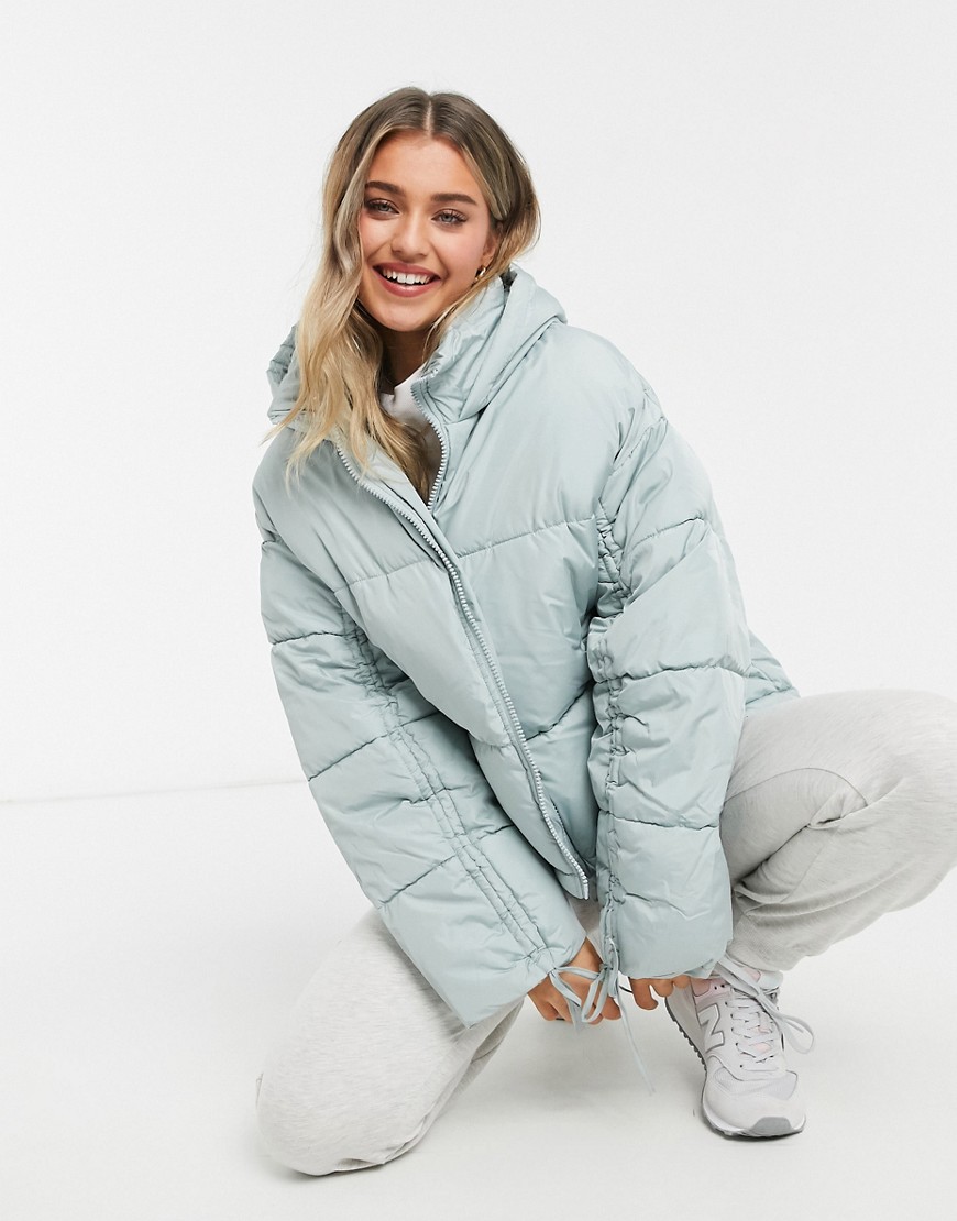 ASOS DESIGN ruched sleeve puffer jacket in soft blue-Green