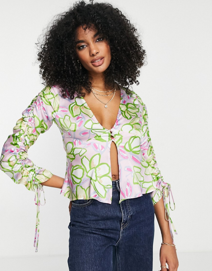 ASOS DESIGN ruched sleeve satin blouse with button front in green & pink abstract-Multi