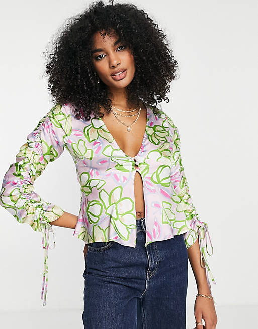ASOS DESIGN ruched sleeve satin blouse with button front in green & pink  abstract | ASOS