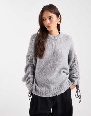 Asos Design Ruched Sleeve Sweater In Gray