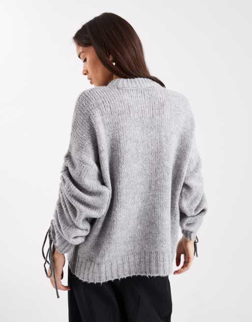 ASOS DESIGN ruched sleeve sweater in gray