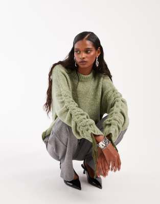 Asos Design Ruched Sleeve Sweater In Green