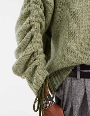 Asos Design Ruched Sleeve Sweater In Green