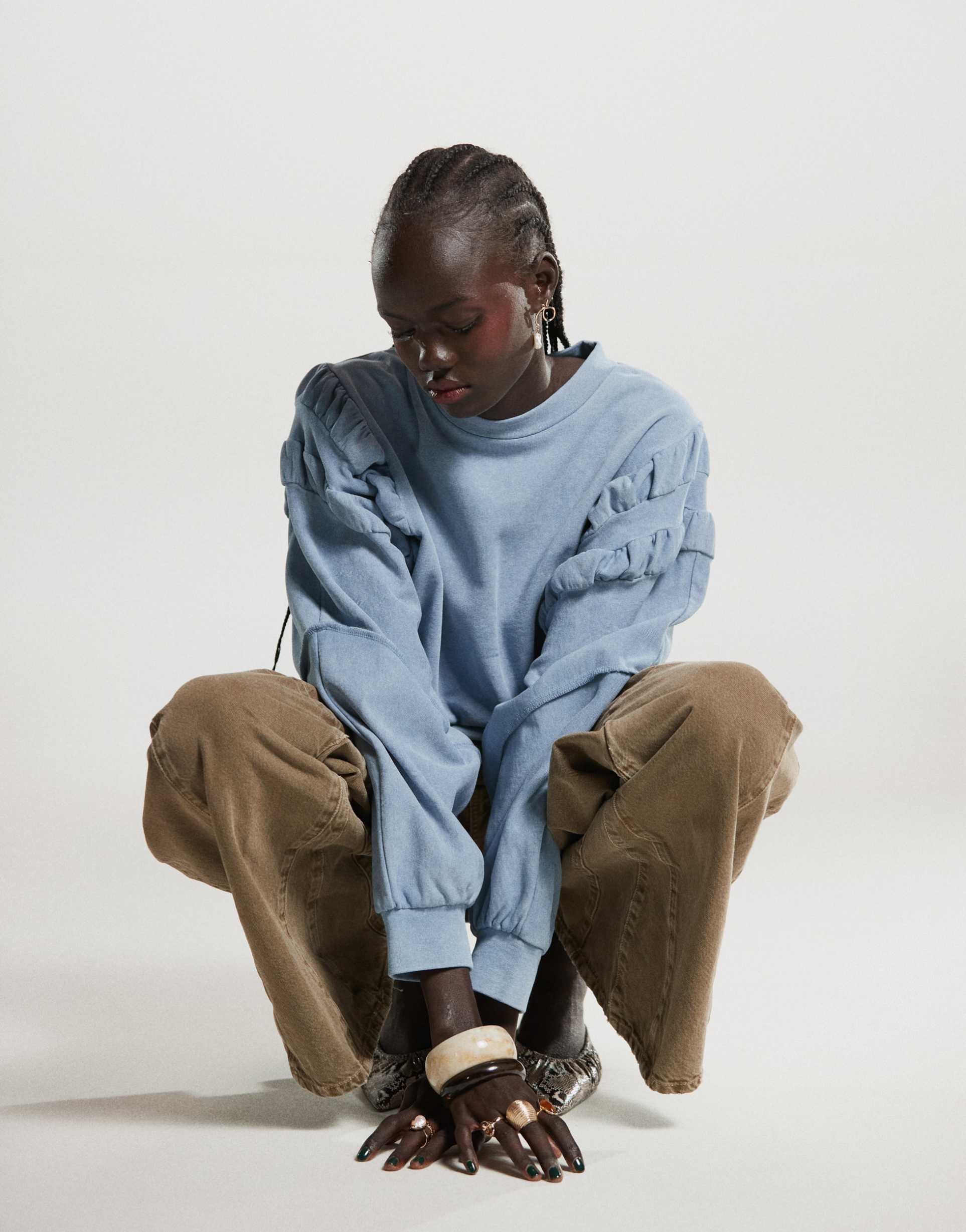 asos design ruched sleeve sweatshirt in washed blue