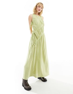 Asos Design Ruched Sleeveless Maxi Dress In Sage Linen-green