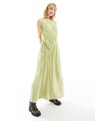 Asos Design Ruched Sleeveless Maxi Dress In Sage Linen-green