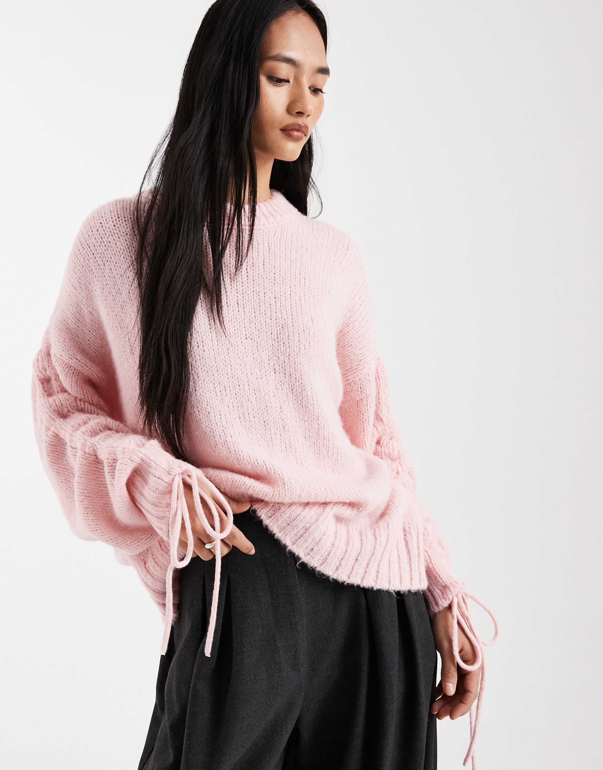 asos design ruched sleeves sweater in pink