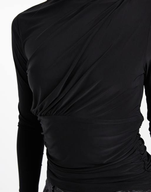 ASOS DESIGN ruched slinky long sleeve top in black - BLACK, 4 of 4