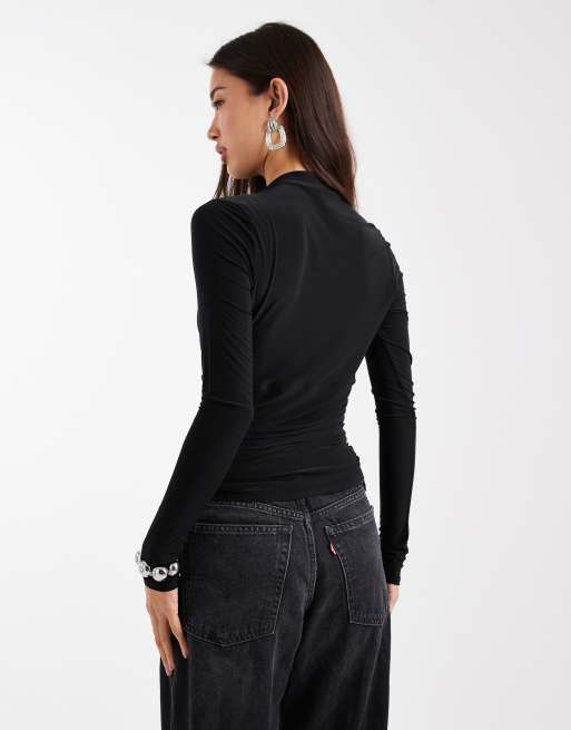 ASOS DESIGN ruched slinky long sleeve top in black