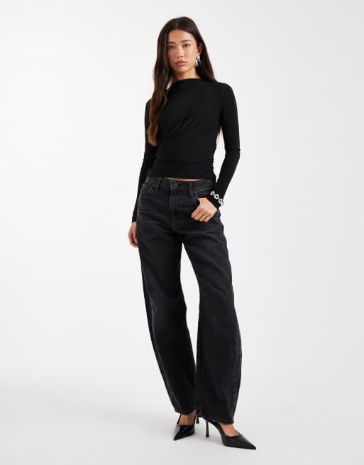 ASOS DESIGN ruched slinky long sleeve top in black, 3 of 4