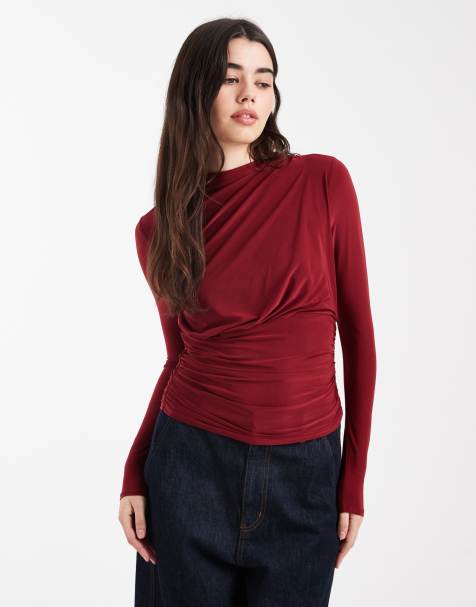 ASOS DESIGN ruched slinky long sleeve top in burgundy