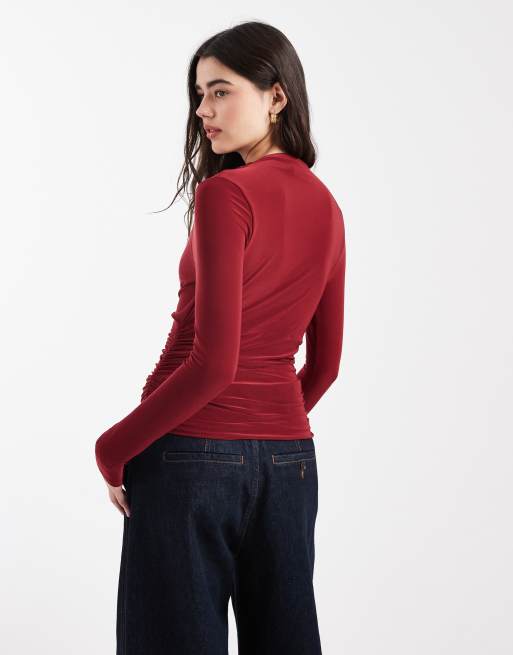 ASOS DESIGN ruched slinky long sleeve top in burgundy, 4 of 4