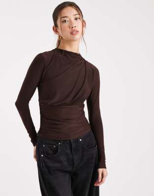 Asos Design Ruched Slinky Long Sleeve Top In Brown