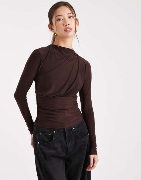 ASOS DESIGN ruched slinky long sleeve top in chocolate