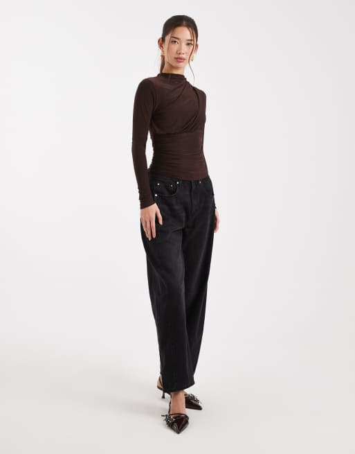 ASOS DESIGN ruched slinky long sleeve top in chocolate, 2 of 4