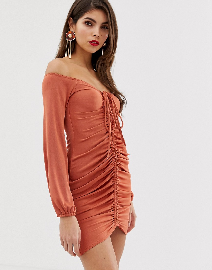 ASOS DESIGN ruched slinky off shoulder bodycon mini dress with tie-Brown